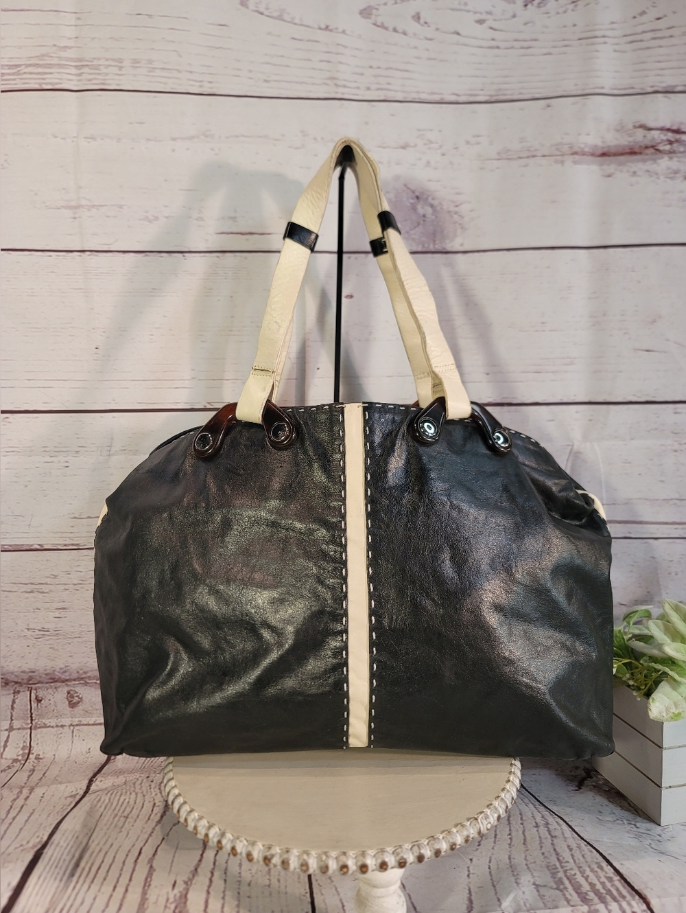 Cynthia Rowley Women's Black and Cream Large Leather Tote Handbag